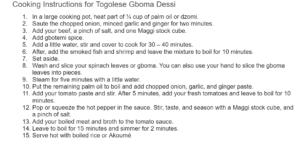 Cooking instruction for Togolese Gboma Dessi